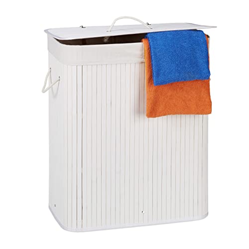 Relaxdays Wäschekorb Bambus mit Deckel, rechteckiger Wäschesammler, 2 Fächer, 95 l Volumen, faltbare Wäschebox, weiß von Relaxdays