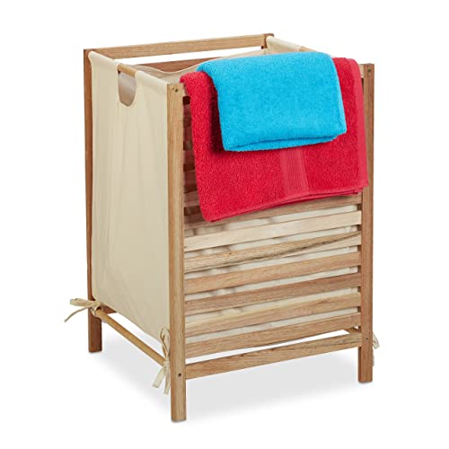 Relaxdays Wäschekorb Holz & Baumwolle, 60 L, Bad Wäschesammler für Schmutzwäsche, HxBxT: 63,5 x 43 x 43 cm, Natur/beige von Relaxdays