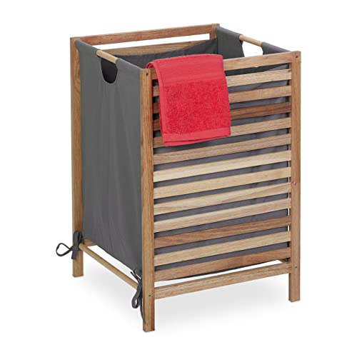 Relaxdays Wäschekorb Holzgestell, 60 L Stoffbeutel, HxBxT: 63,5 x 43 x 43 cm, ohne Deckel, Wäschesammler, Natur/grau von Relaxdays