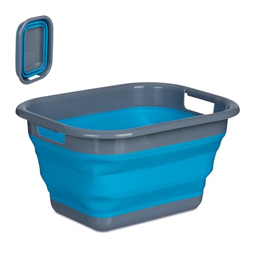 Relaxdays Wäschekorb faltbar, 15 Liter, Wäschewanne Kunststoff, platzsparend zusammenklappbar, mit Griffen, blau/grau von Relaxdays