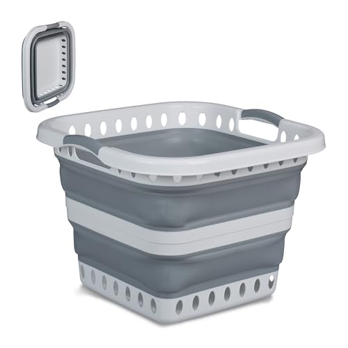 Relaxdays Wäschekorb faltbar, 40 Liter, Kunststoff, mit Tragegriffen, HxBxT: 35 x 48,5 x 48,5 cm, Wäschewanne, grau/weiß von Relaxdays