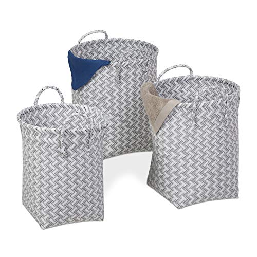 Relaxdays Wäschekorb geflochten, 3er Set Aufbewahrungskörbe, 3 Größen, Spielzeugkorb mit Henkel, Kunststoff, weiß/grau von Relaxdays