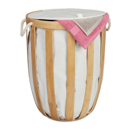 Relaxdays Wäschekorb mit Bambusgestell & Deckel, rundes Design, Bambus Wäschesammler, Bad Wäschebehälter, natur/beige von Relaxdays