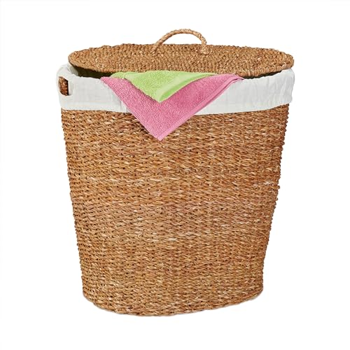 Relaxdays Wäschekorb mit Deckel, aus Seegras, Baumwoll-Wäschesack 50L, HBT: 50 x 50 x 40 cm, Wäschebehälter, natur/beige Relaxdays Wäschekorb mit Deckel, aus Seegras, Baumwoll-Wäschesack 50L, HBT: 50 x 50 x 40 cm, Wäschebehälter, natur/beige von Relaxdays