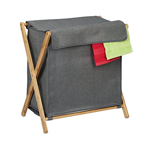 Relaxdays Wäschekorb mit Deckel, klappbarer Wäschesammler, HxBxT: 57 x 55 x 35 cm, Bambus, Stoff, Wäschebox, grau/natur von Relaxdays