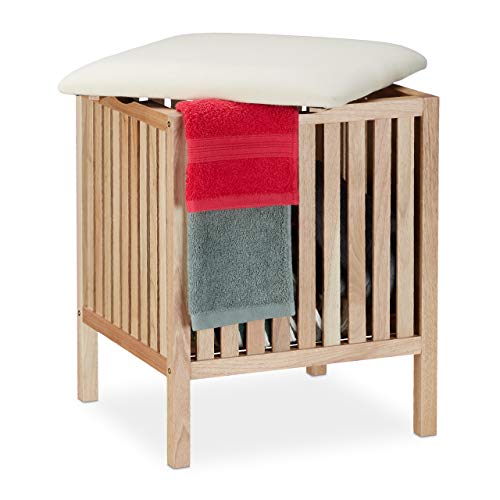 Relaxdays Wäschekorb mit Sitz, Badhocker mit Stauraum, 40 l Wäschesammler, Holz/Stoff, HBT: 51 x 41 x 41 cm, natur/weiß von Relaxdays