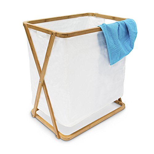 Relaxdays Wäschesammler LINEA Bambus H x B x T 55x52,5x35,5cm als rechteckige Wäschebox zur Aufbewahrung von Kleidung, Textilien als offener Wäschepuff mit Stoffbeutel natürlichen Design, natur von Relaxdays