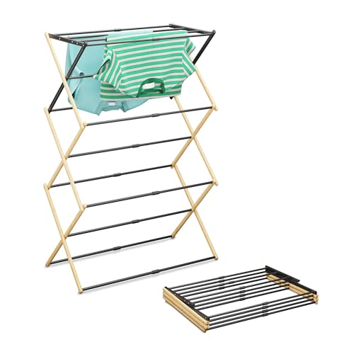 Relaxdays Wäscheständer, klappbar, ausziehbar, 11 Stangen, HxBxT: 107 x 43–74 x 37 cm, Bambus & Metall, Natur/schwarz von Relaxdays
