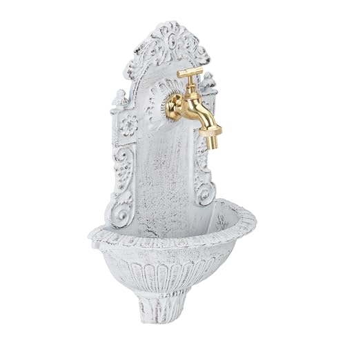 Relaxdays Wandbrunnen antik, mit Wasserhahn, nostalgisch, Waschbecken Garten, Aluguss, H x B x T 40 x 24,5 x 13 cm, weiß von Relaxdays