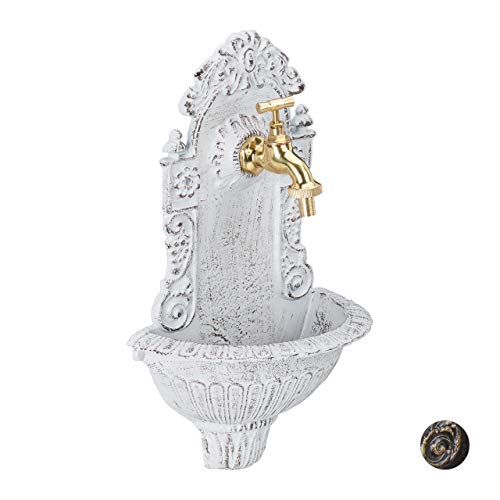 Relaxdays Wandbrunnen antik, mit Wasserhahn, nostalgisch, Waschbecken Garten, Aluguss, H x B x T 40 x 24,5 x 13 cm, weiß von Relaxdays