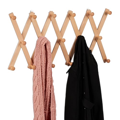 Relaxdays Wandgarderobe Holz, ausziehbare Garderobenleiste, 17 Kleiderhaken, für Jacken, Scherengarderobe faltbar, Natur von Relaxdays
