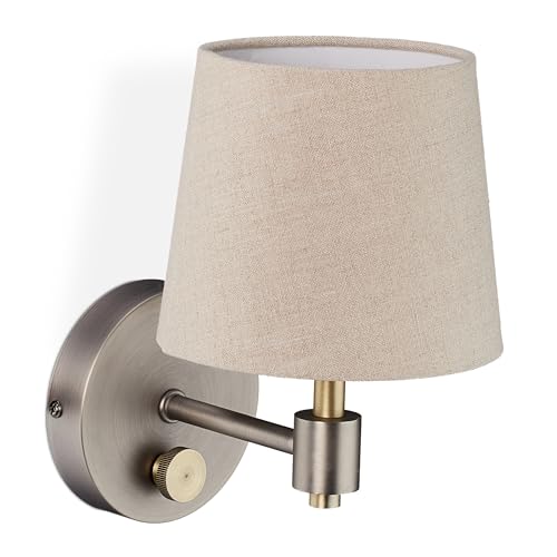 Relaxdays Wandlampe Vintage, dimmbar, Wandstrahler mit Schalter, Stoffschirm, E14, HxBxT: 23 x 15 x 21 cm, beige/silber von Relaxdays