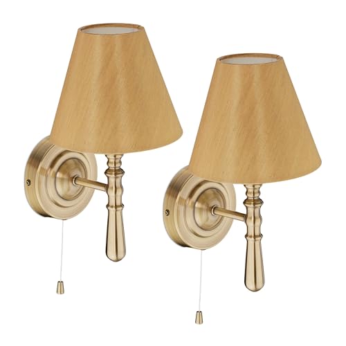 Relaxdays Wandlampe mit Schirm, 2er Set, Zugschalter, Flur & Wohnzimmer, E14, Stoff, Metall, HxBxT: 28x16x19 cm, Messing von Relaxdays