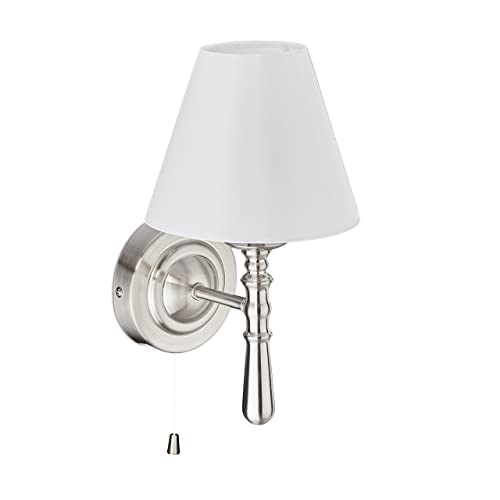 Relaxdays Wandlampe mit Schirm, innen, Zugschalter, Flur & Wohnzimmer, E14, Stoff, Metall, HBT 28x16x19 cm, silber/weiß von Relaxdays