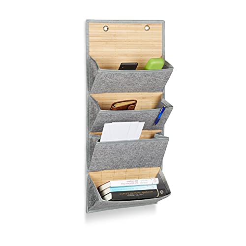 Relaxdays Wandorganizer Bambus mit 4 Jutemuster Fächer, 75 x 34 x 12 cm HxBxT Zeitungshalter für Büro und Flur, grau von Relaxdays