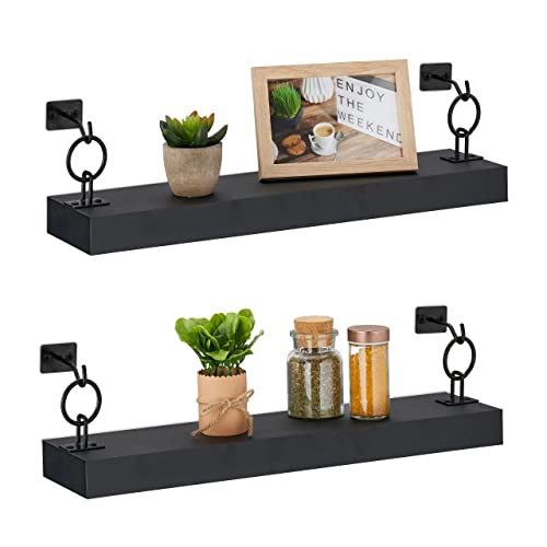 Relaxdays Wandregal, 2er Set, HxBxT: 13 x 48 x 12 cm, Wandablage Flur, hängend, Regalbrett Deko, MDF & Metall, schwarz von Relaxdays