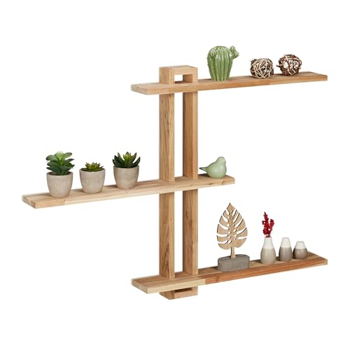 Relaxdays Wandregal, Walnussholz, H x B x T: 56 x 80 x 9 cm, Dekoregal Wand, rustikales Schweberegal mit 3 Ebenen, Natur von Relaxdays