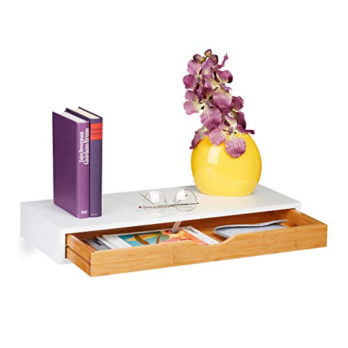 Relaxdays Wandregal mit Schublade, HxBxT: 8 x 60 x 24 cm, Wandschublade skandinavisches Design, MDF, Bambus, weiß/Natur von Relaxdays