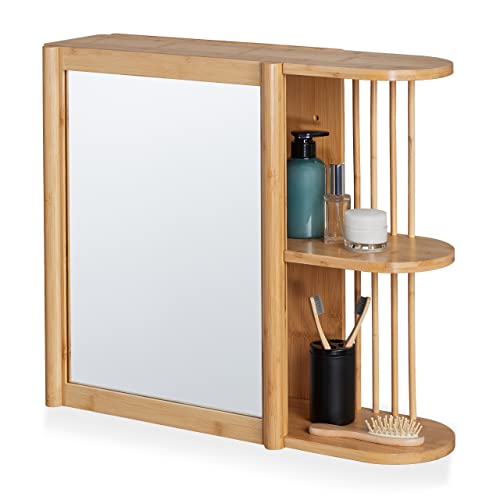 Relaxdays Wandregal mit Spiegel, Bambus, 2 halboffene Ablagen, 53x62x20 cm, Badezimmer, hängend, Spiegelschrank, Natur von Relaxdays
