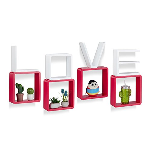 Relaxdays Wandregale LOVE, 4er Set, Freischwebend, Quadratisch, Runde Ecken, Buchstaben, MDF, HBT: 25x25x8cm, Rot/Weiß Relaxdays Wandregale LOVE, 4er Set, Freischwebend, Quadratisch, Runde Ecken, Buchstaben, MDF, HBT: 25x25x8cm, Rot/Weiß von Relaxdays