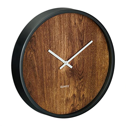 Relaxdays Wanduhr, Ø 29,5 cm, batteriebetrieben, Küchenuhr analog, ohne Zahlen, Moderne Wohnzimmeruhr, Holzoptik/schwarz von Relaxdays