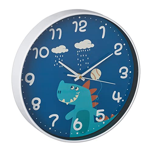 Relaxdays Wanduhr Dinosaurier, Ø 29,5 cm, Dino Uhr für Kinder, Kinderzimmeruhr Jungen & Mädchen, Kinderuhr Wand, blau von Relaxdays