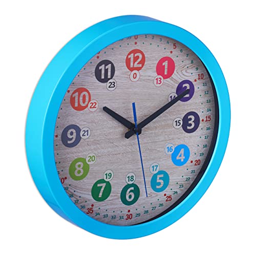 Relaxdays Wanduhr Kinder, Ø 30 cm, Bunte Zahlen, Uhrzeit Lernen, Kinderzimmeruhr Jungen & Mädchen, Kinderuhr Wand, blau von Relaxdays