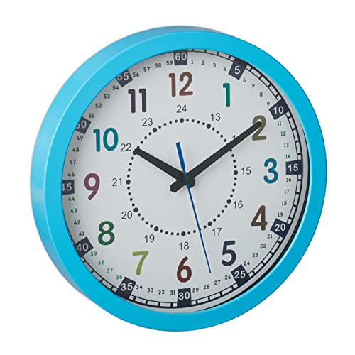 Relaxdays Wanduhr Kinder, Ø 30 cm, große Zahlen, Uhrzeit Lernen, Kinderzimmeruhr Jungen & Mädchen, Kinderuhr Wand, blau von Relaxdays