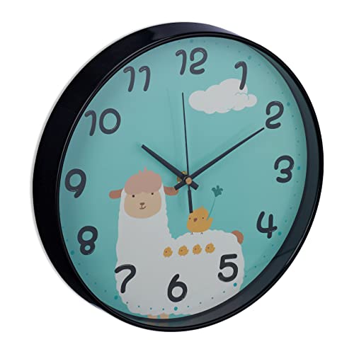 Relaxdays Wanduhr Lama, Ø 29,5 cm, Alpaka Uhr für Kinder, Kinderzimmeruhr Jungen & Mädchen, analog, Kinderuhr Wand, blau von Relaxdays