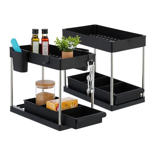 Relaxdays Unter Waschbecken Regal, 2er Set, je 2 Etagen, ausziehbar, je 4 Haken & 2 Becher, HBT 33 x 22 x 40 cm, schwarz Relaxdays Unter Waschbecken Regal, 2er Set, je 2 Etagen, ausziehbar, je 4 Haken & 2 Becher, HBT 33 x 22 x 40 cm, schwarz von Relaxdays