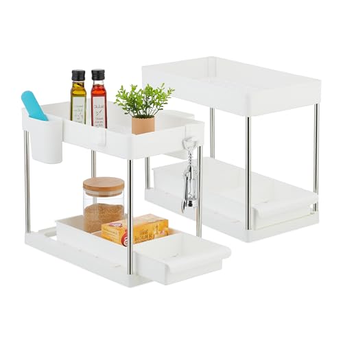 Relaxdays Waschbecken Regal, 2er Set, Etagen, ausziehbar, je 4 Haken & 2 Becher, HxBxT: 33 x 22 x 40 cm, weiß von Relaxdays