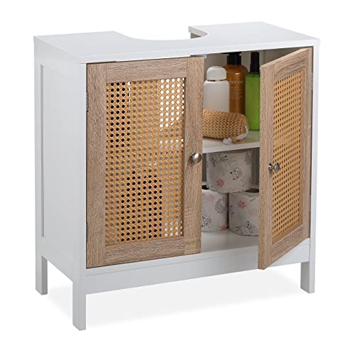 Relaxdays Waschbeckenunterschrank, 60 cm breit, 2 Fächer, Siphon-Aussparung, Rattan-Türen, Badunterschrank, weiß/Natur Relaxdays Waschbeckenunterschrank, 60 cm breit, 2 Fächer, Siphon-Aussparung, Rattan-Türen, Badunterschrank, weiß/Natur von Relaxdays