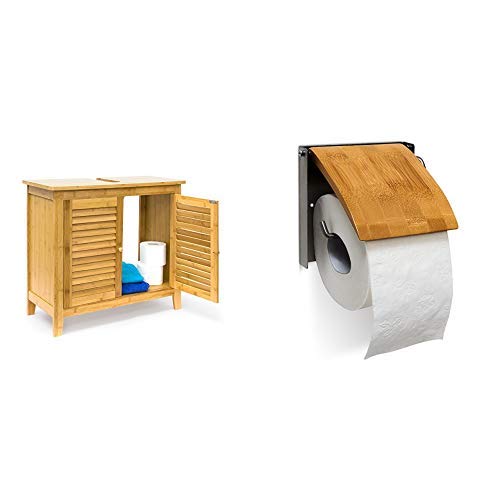 Relaxdays Waschbeckenunterschrank LAMELL aus Bambus & Toilettenpapierhalter H x B x T: 13,5 x 14,5 x 13,5 cm WC-Rollenhalter für 1 Klopapierrolle zur Wandmontage aus Bambus von Relaxdays