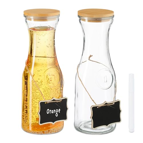 Relaxdays Wasserkaraffe, 2er Set, 1 Liter, Glaskaraffe mit Bambusdeckel, zum Beschriften, Wasserkanne, transparent/Natur von Relaxdays