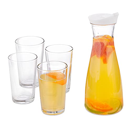 Relaxdays Wasserkaraffe Set mit Gläsern, 5-teiliges Set, 1 l, 220 ml, Karaffe mit Ausgießer, Wassergläser, transparent 10037675, 26 x 10 x 10 cm von Relaxdays