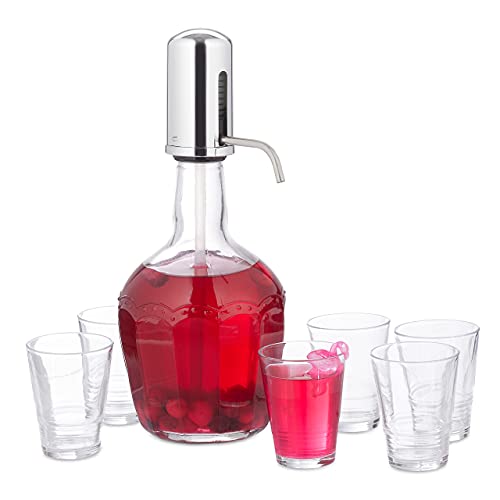 Relaxdays Wasserspender Set, Getränkespender mit manueller Pumpe, 6 Trinkgläser, Cocktailspender 2,4l, Glas, transparent von Relaxdays