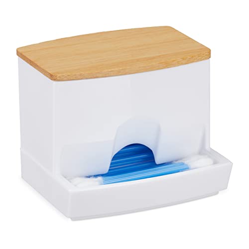 Relaxdays Wattestäbchen Aufbewahrung, Acryl, Bambus, Kosmetik Box mit Deckel, kleiner Ohrstäbchen Spender, weiß/natur von Relaxdays