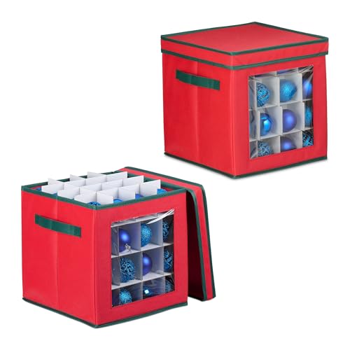 Relaxdays Weihnachtskugel Aufbewahrungsbox, 2er Set, je 64 Fächer, HxBxT: 33 x 32 x 32 cm, Christbaumkugel Box, rot/grün von Relaxdays