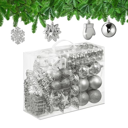 Relaxdays Weihnachtskugeln 100er Set, glitzernd, matt & glänzend, Baumschmuck, Kunststoff, 10 versch. Designs, Silber von Relaxdays
