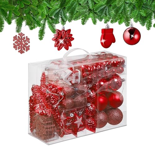 Relaxdays Weihnachtskugeln 100er Set, glitzernd, matt & glänzend, Baumschmuck, Kunststoff, 10 versch. Designs, rot von Relaxdays