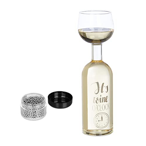 Relaxdays Weinflasche Glas, Weinglas auf Flasche, 750 ml, mit Reinigungsperlen, lustiges Weinflaschenglas, transparent von Relaxdays