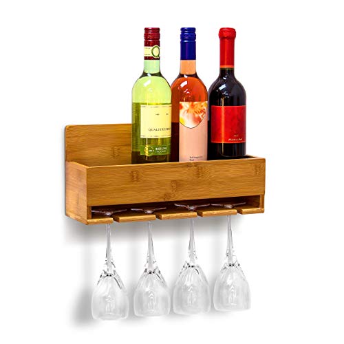 Relaxdays Weinregal mit Glashalter H x B x T: ca. 17 x 37 x 11,5 cm Flaschenregal aus Bambus mit Platz für 4 Flaschen und 4 Gläser zur Wandmontage Hängeregal Holz als Weinflaschenhalter Ablage, natur von Relaxdays