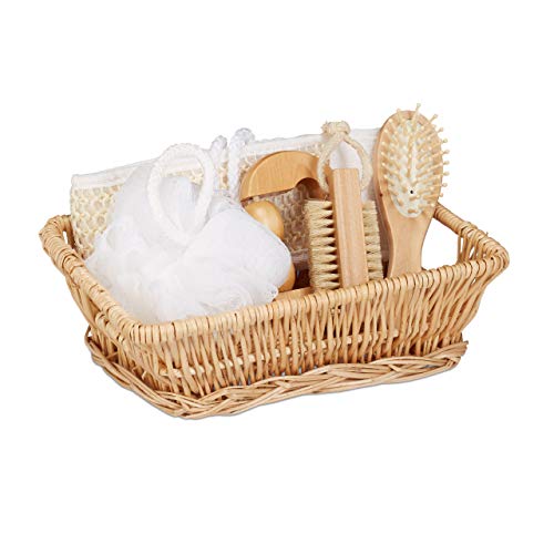 Relaxdays Wellness Set 6-TLG., Geschenkset mit Massagebürste, Rückenschrubber, Luffa, Massageroller, Nagelbürste, Natur von Relaxdays