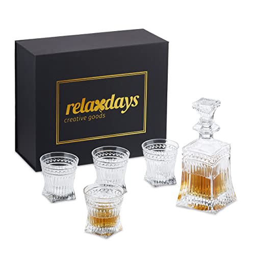Relaxdays Whisky Set, 5-teilig, Whiskykaraffe 500 ml, 4 Whiskygläser 240 ml, Cognac Dekanter, Geschenkbox, transparent von Relaxdays