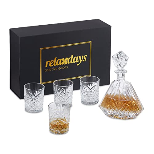 Relaxdays Whisky Set, 5-teilig, Whiskykaraffe 650 ml, 4 Whiskygläser 330 ml, Cognac Dekanter, Geschenkbox, transparent von Relaxdays