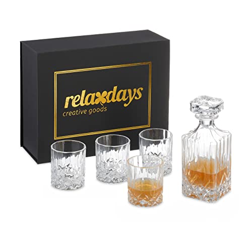 Relaxdays Whisky Set, 5-teilig, Whiskykaraffe 650 ml, 4 Whiskygläser 330 ml, Geschenkbox, Cognac Dekanter, transparent von Relaxdays