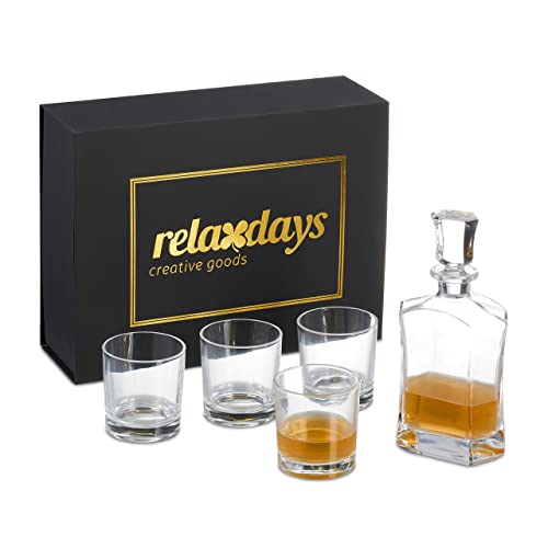 Relaxdays Whisky Set, 5-teilig, Whiskykaraffe 700 ml, 4 Whiskygläser 345 ml, Geschenkbox, Cognac Dekanter, transparent von Relaxdays