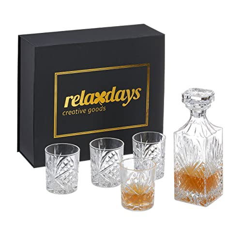 Relaxdays Whisky Set, 5-teilig, Whiskykaraffe 800 ml, 4 Whiskygläser 310 ml, Geschenkbox, Cognac Dekanter, transparent von Relaxdays