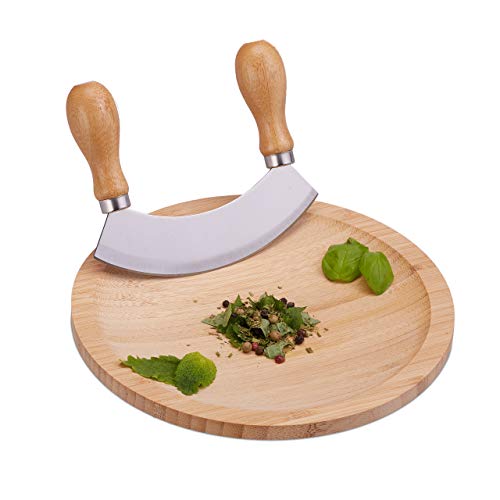 Relaxdays Wiegemesser mit Brett, einschneidige Klinge für Kräuter, mit Mulde, Edelstahl & Bambus, HxD: 2 x 20 cm, natur, Silber von Relaxdays