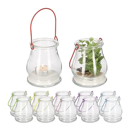 Relaxdays Windlicht, 12er Set, Glas, mit Buntem Henkel, innen & außen, Teelichthalter, H x D: 10 x 8,5 cm, transparent, Eisen von Relaxdays